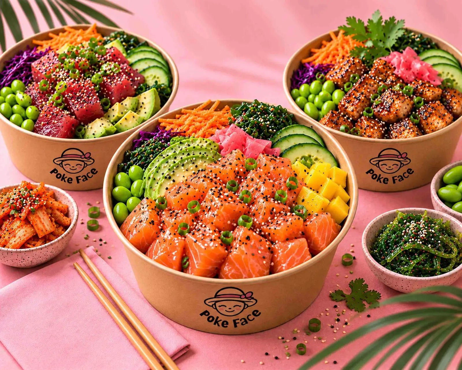 Poke Face bowls with salmon, tuna and tofu on a pink table