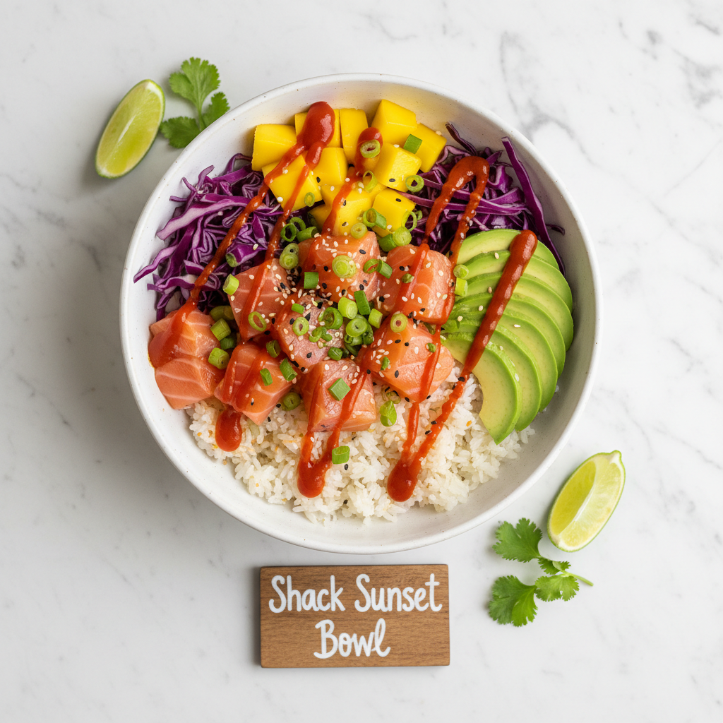 Shack Sunset Bowl poke bowl with salmon and mango