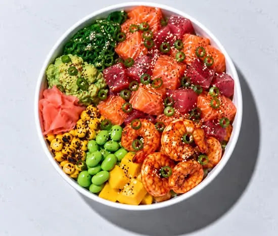 Ocean Trio poke bowl with salmon, tuna, prawn and avocado